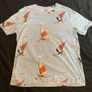 Men’s Light Blue Shirt with Boat Print Size Large Funky Pattern Shirt